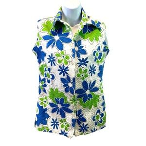 Vtg 60s 70s Judy Ann Womens Top Sleeveless Mod Floral Beachy Happy Fun